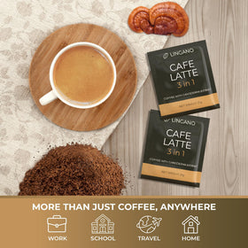 Creamy latte foam from Lingano Ganoderma coffee highlights a smooth sip.