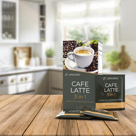 Pouring Lingano Ganoderma latte from sachet into mug for enjoyment.