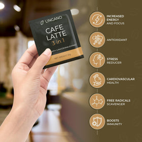 Lingano Ganoderma latte sachet being stirred into hot water for a creamy cup.