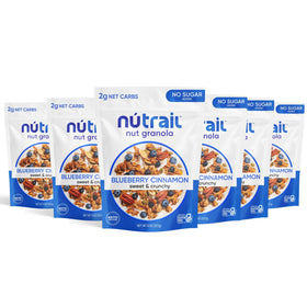 NuTrail Blueberry Cinnamon Granola bag closeup highlighting crunch and ingredients
