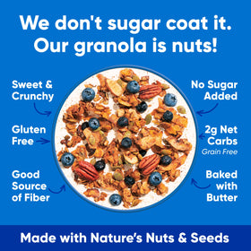 NuTrail Blueberry Cinnamon Granola being poured with milk for a cereal moment