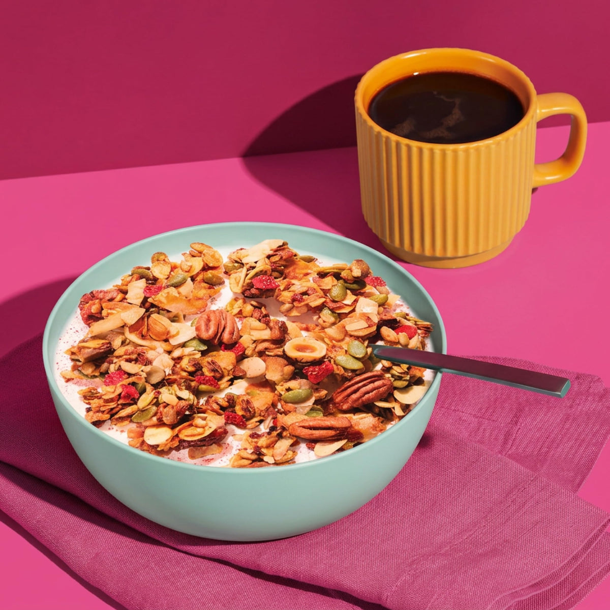 NuTrail granola with almond milk in a breakfast bowl.