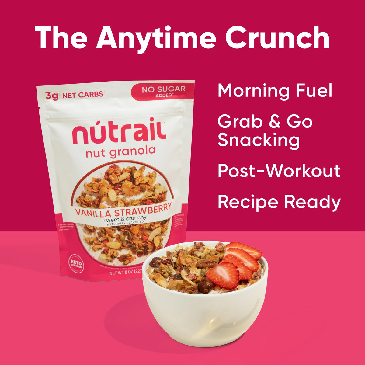 NuTrail packaging displays Gluten Free and Keto Certified seals.
