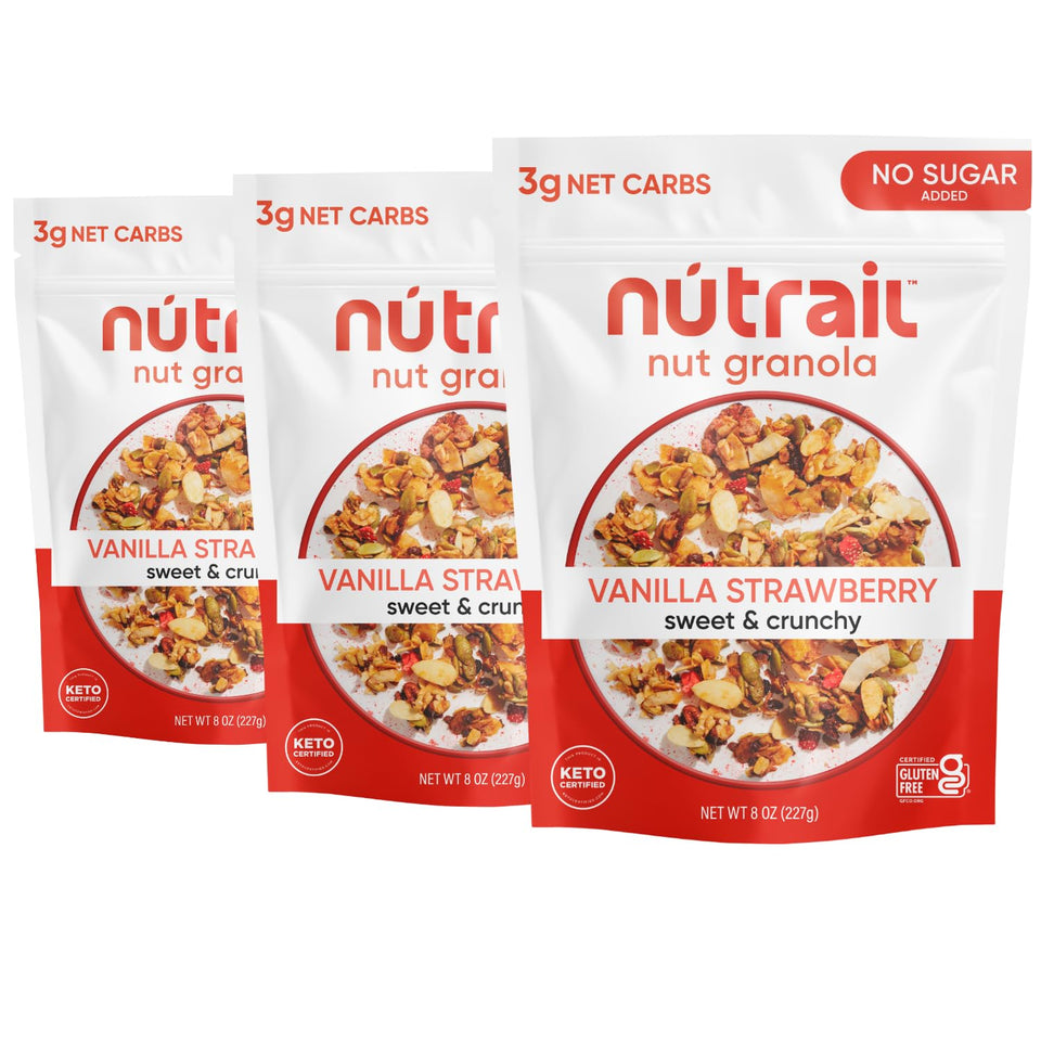 NuTrail Vanilla Strawberry granola bag highlighting no sugar added and gluten-free credentials.