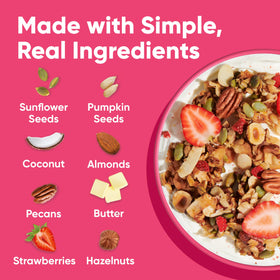 NuTrail Vanilla Strawberry granola on a spoon over bowl shows berry richness.