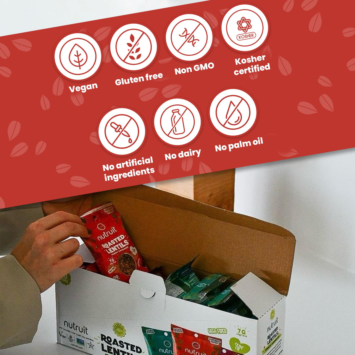 Nutruit lentil snacks 20-pack variety box, convenient snacking.