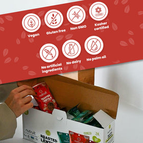 Nutruit lentil snacks 20-pack variety box, convenient snacking.