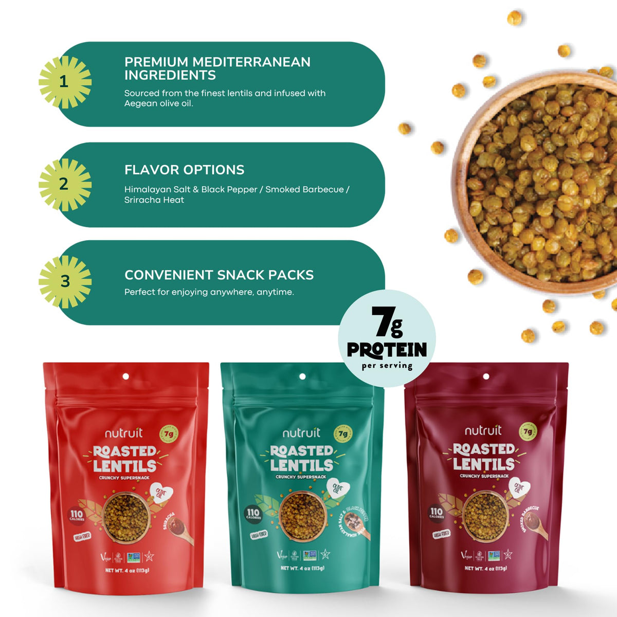 Nutruit Roasted Lentil Snacks Sriracha flavor, zesty heat for a snack.