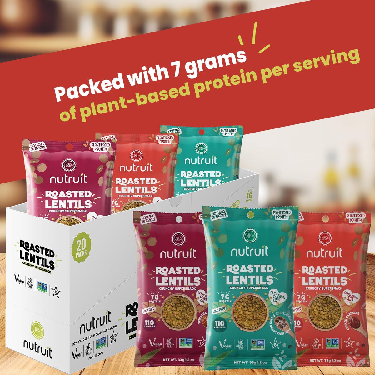 Nutruit lentil snacks Sriracha bag, spicy bite with satisfying flavor.