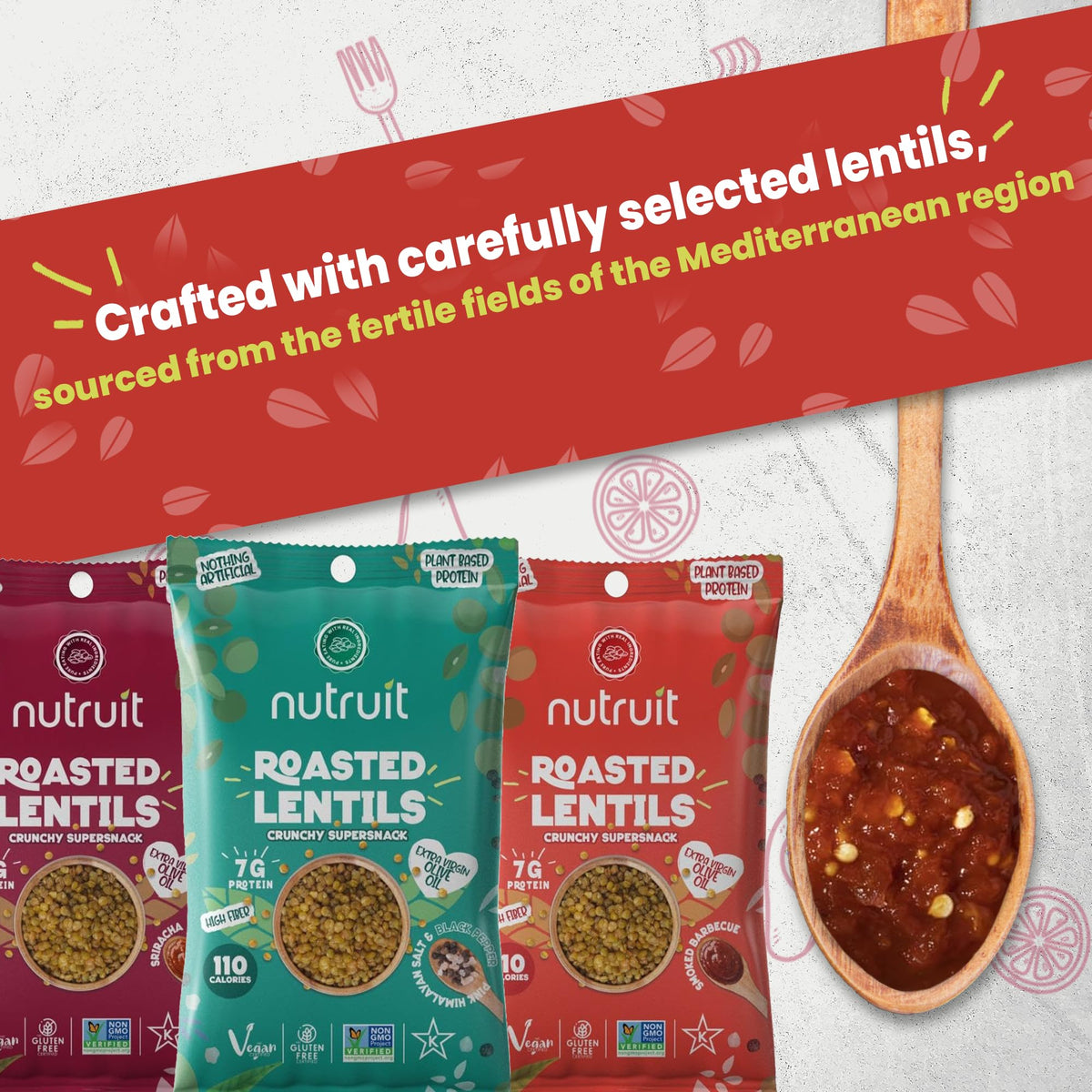 Nutruit lentil snacks vegan protein snack, plant-based energy.