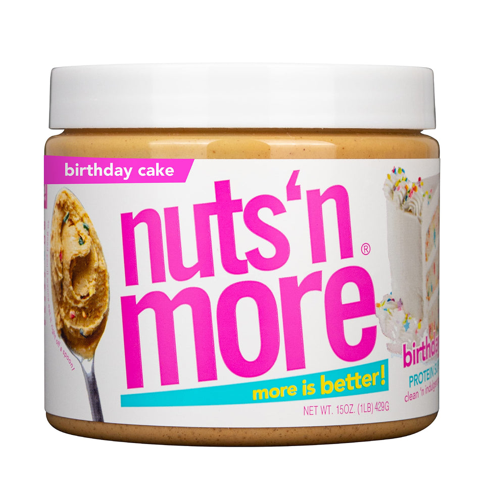 Nuts 'N More Birthday Cake Peanut Butter Spread jar, protein-rich snack