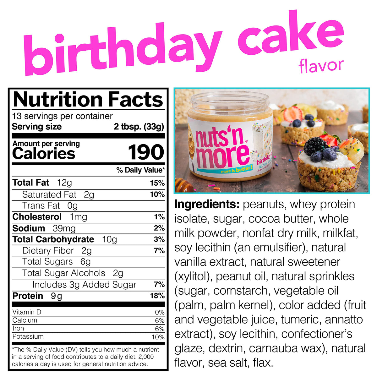 Nuts 'N More Birthday Cake Spread label, gluten-free and non-GMO ingredients