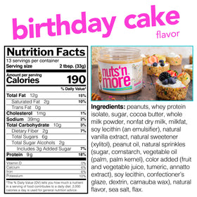 Nuts 'N More Birthday Cake Spread label, gluten-free and non-GMO ingredients