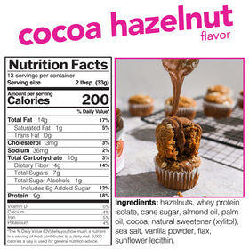 Ingredients label of Nuts 'N More Cocoa Hazelnut Butter Spread showing clean, natural nutrition