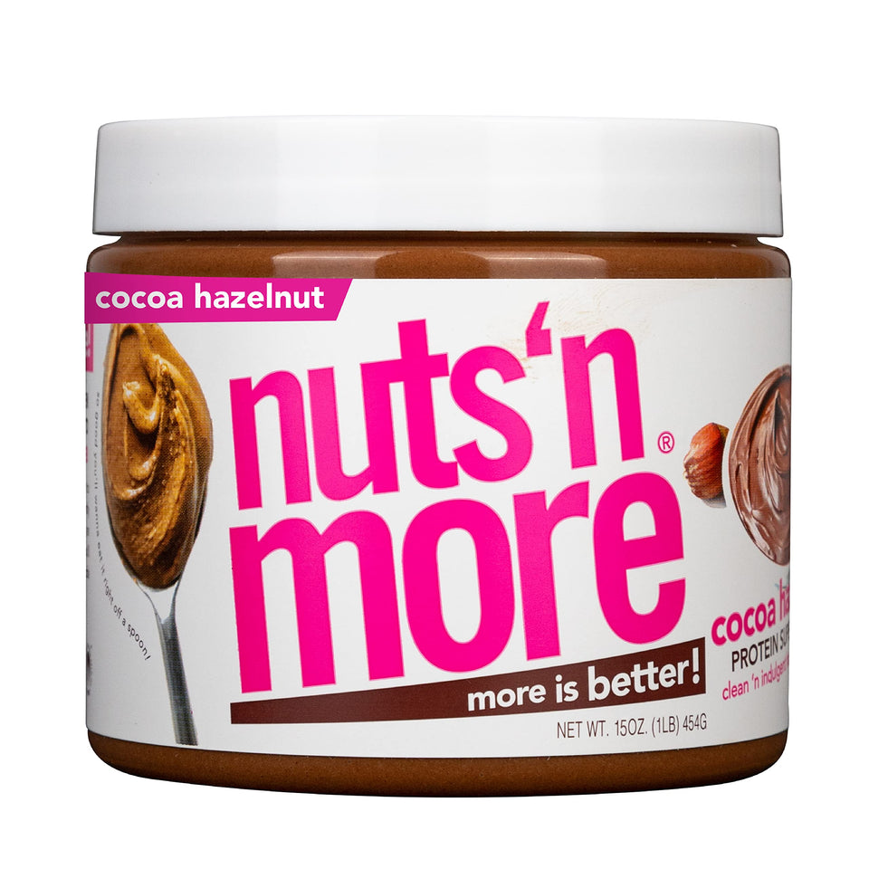 Nuts 'N More Cocoa Hazelnut Butter Spread jar shows a protein-rich snack option