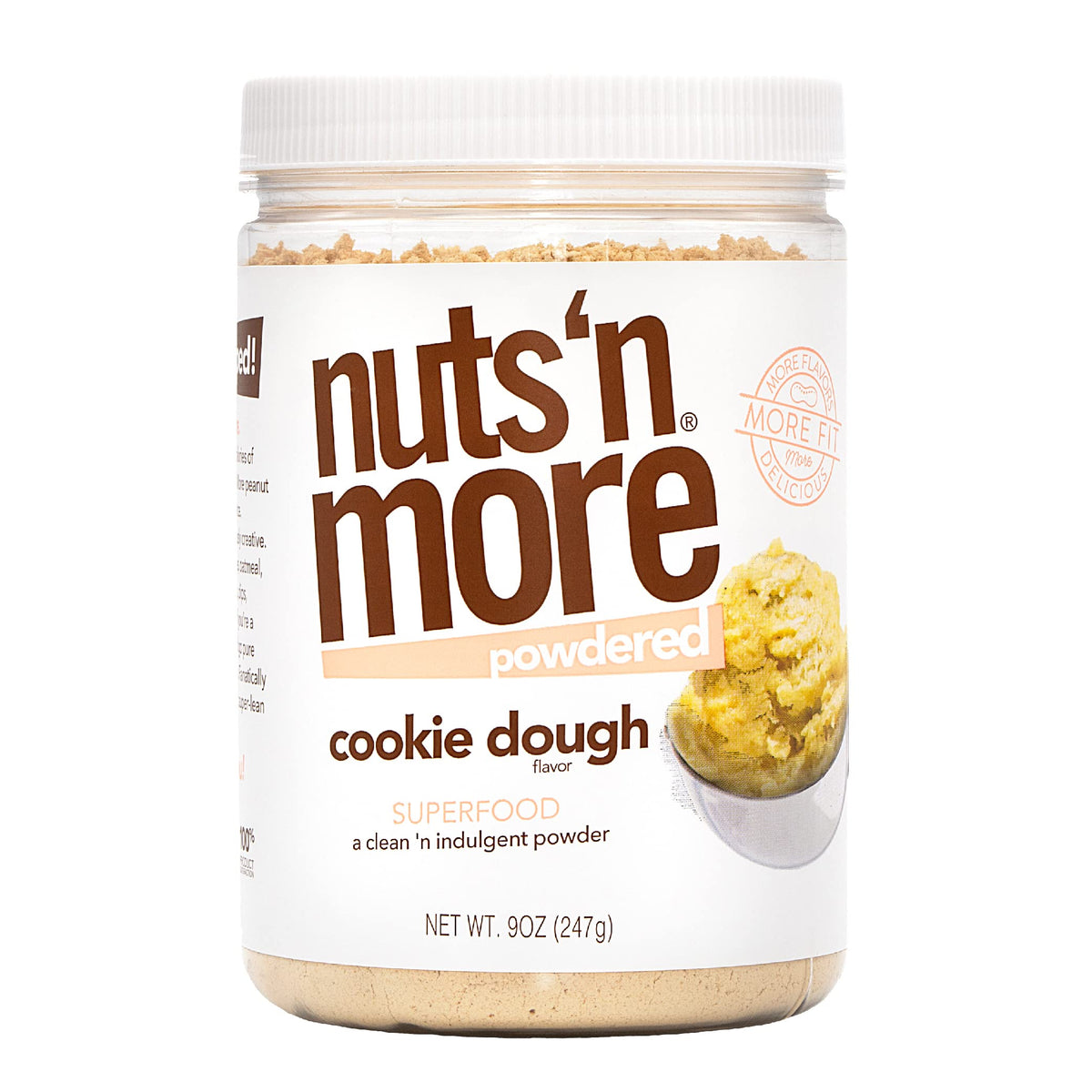 Nuts 'N More Cookie Dough Peanut Powder jar, convenient protein snack base.