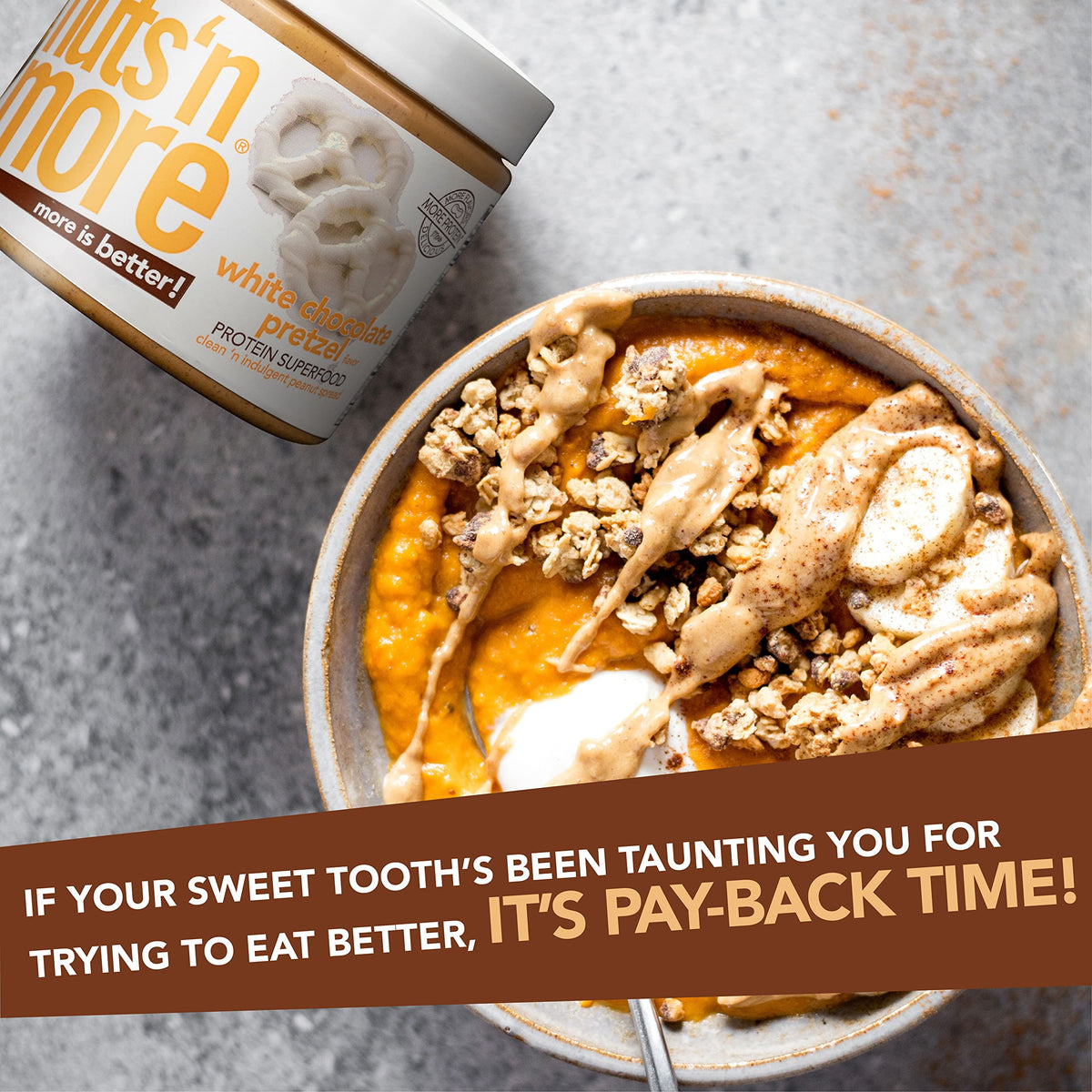 Nuts N More spread delivers 9g protein per serving for satisfying snacking.