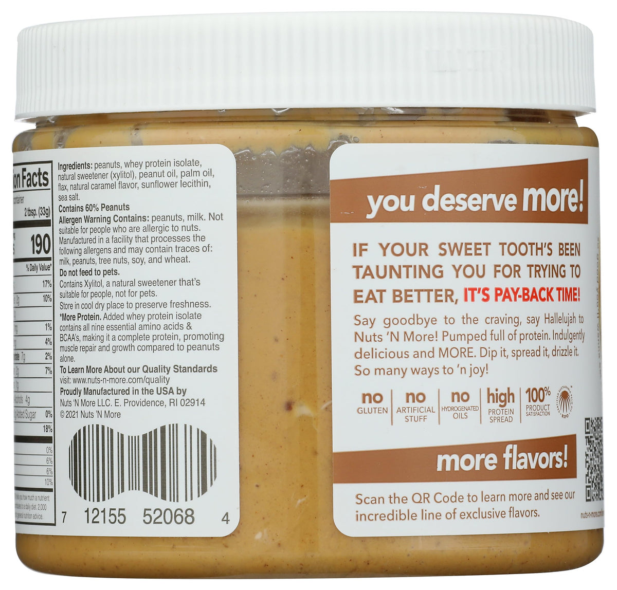 Nuts N More Salted Caramel Peanut Butter jar back, gluten-free nutrition details.