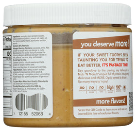 Nuts N More Salted Caramel Peanut Butter jar back, gluten-free nutrition details.