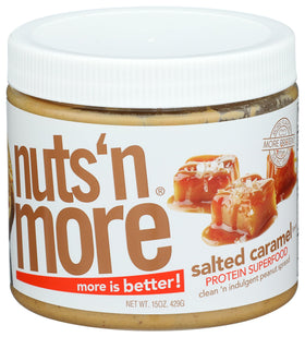 Nuts N More Salted Caramel Peanut Butter jar front, high-protein spread for breakfast.