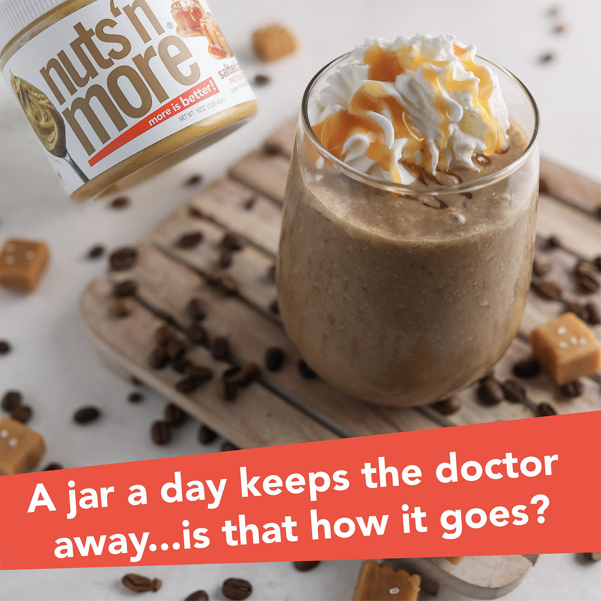Nuts N More salted caramel peanut butter on apple slices for a protein-rich treat.