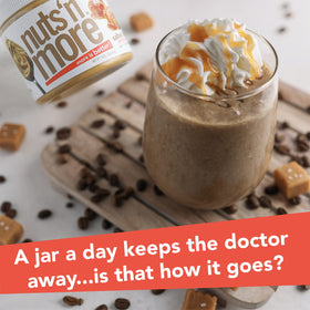 Nuts N More salted caramel peanut butter on apple slices for a protein-rich treat.
