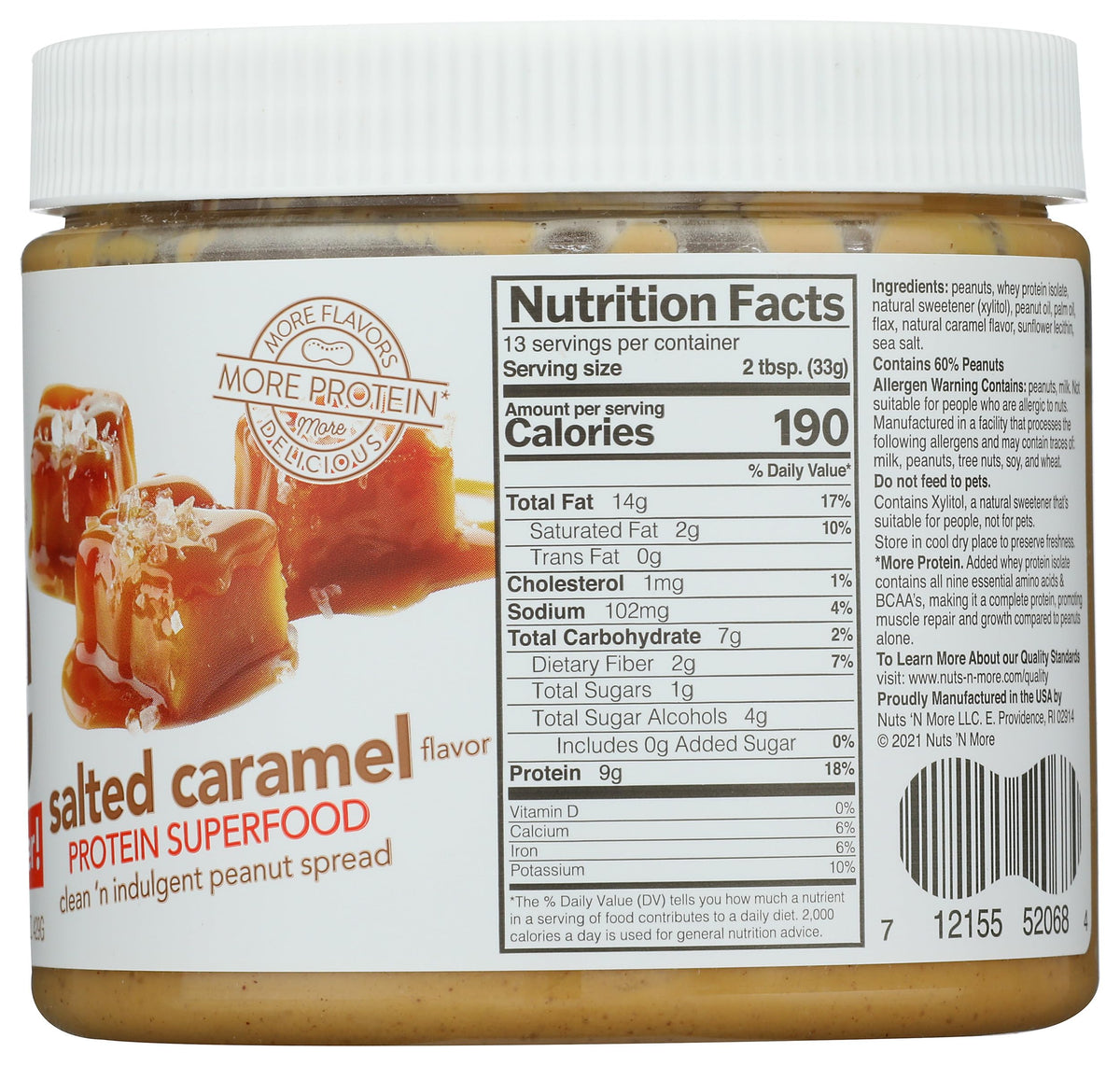 Nuts N More Salted Caramel Peanut Butter in a bowl, perfect for snacking.