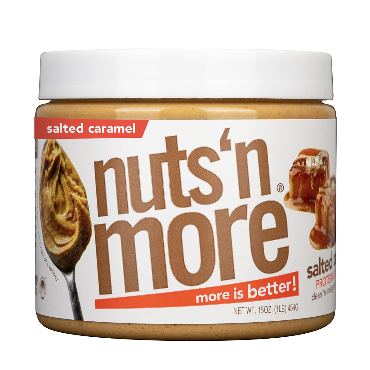 Nuts N More salted caramel peanut butter spread jar showing rich flavor and protein benefit.