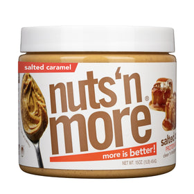 Nuts N More salted caramel peanut butter spread jar showing rich flavor and protein benefit.
