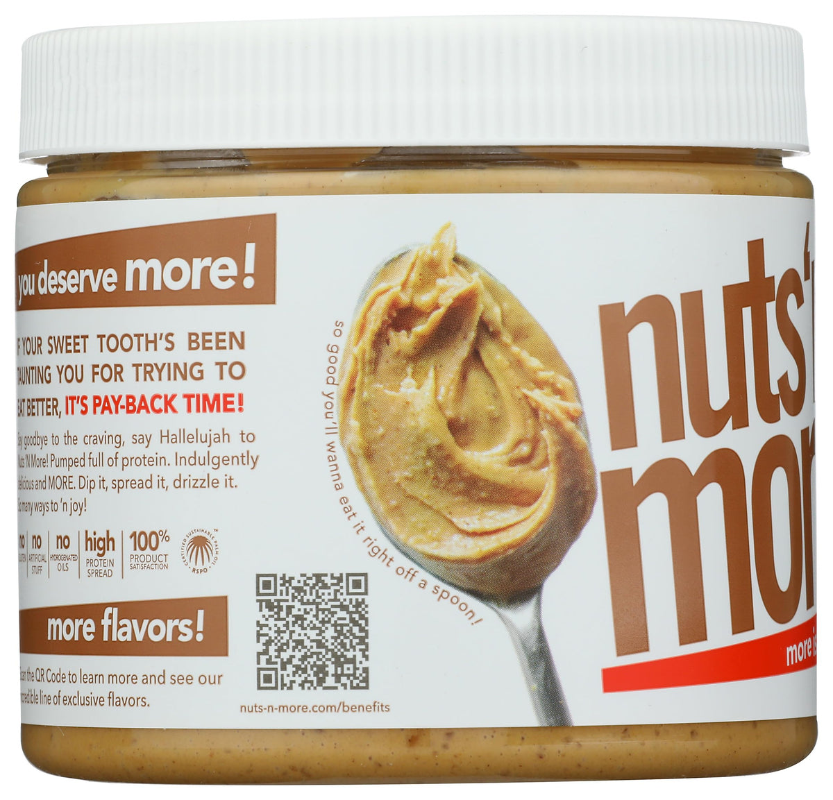 Nuts N More Salted Caramel Peanut Butter on a knife, ideal for toast topping.
