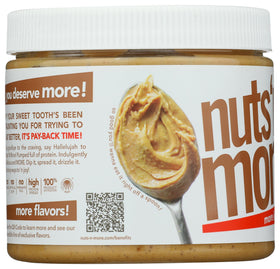 Nuts N More Salted Caramel Peanut Butter on a knife, ideal for toast topping.