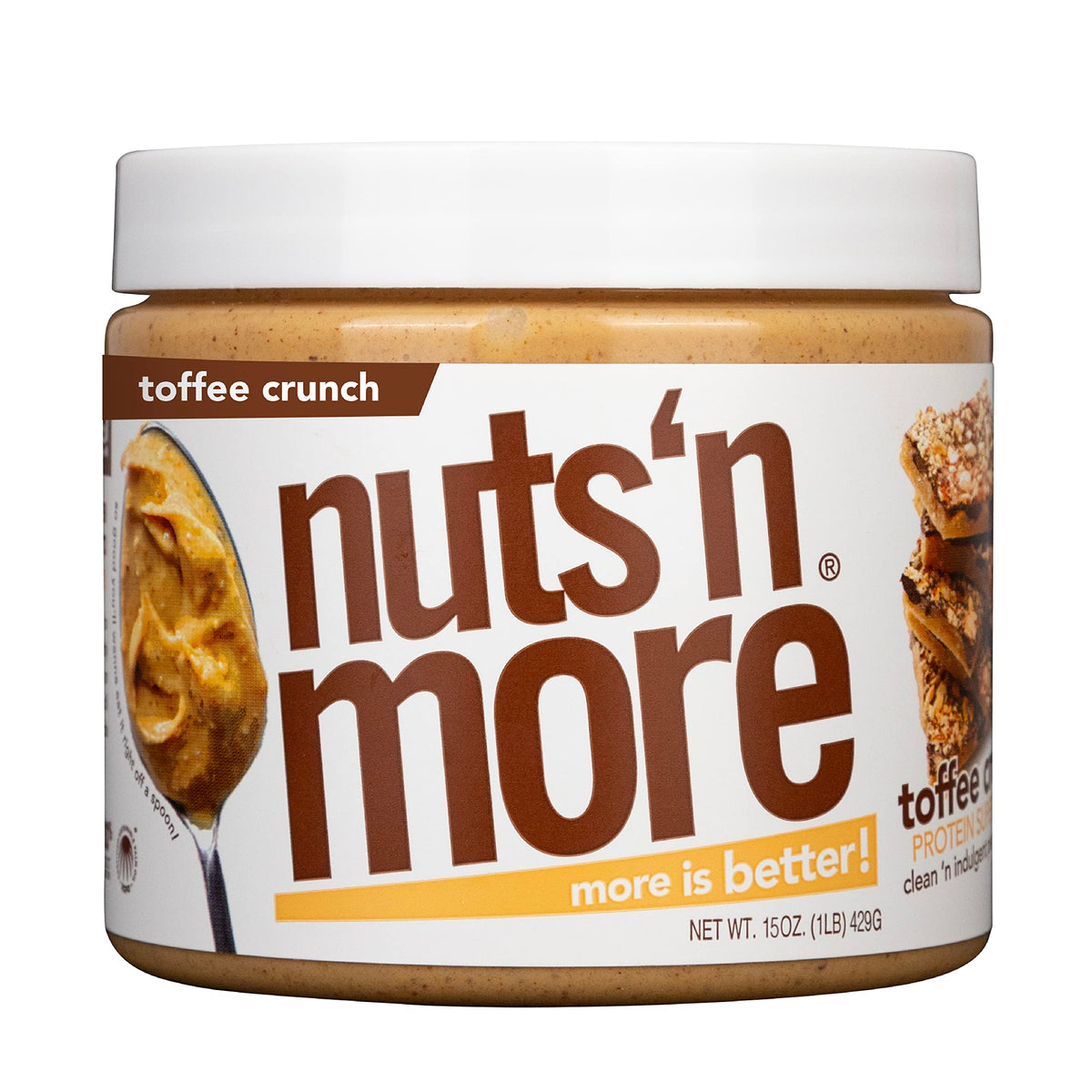 Nuts N More Toffee Crunch peanut butter spread jar with crunchy bits – high-protein snack