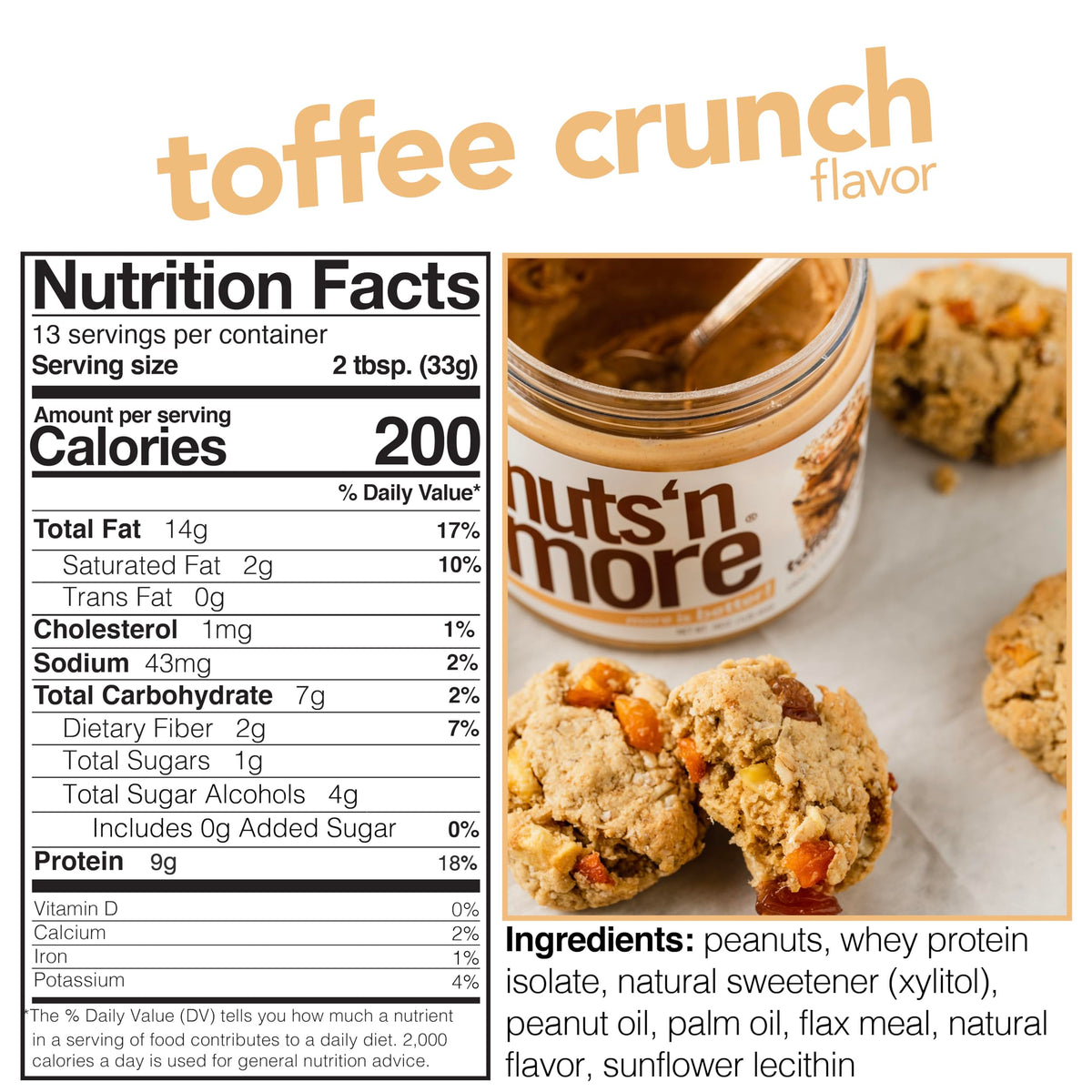 Nuts N More Toffee Crunch spoonful showing creamy texture and protein boost