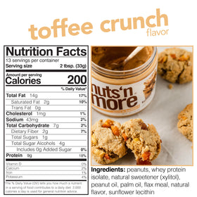 Nuts N More Toffee Crunch spoonful showing creamy texture and protein boost