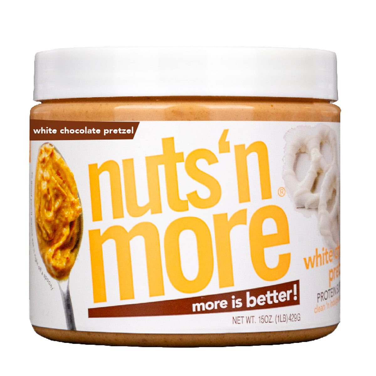 Nuts N More white chocolate pretzel peanut butter spread jar highlights indulgence with high protein.