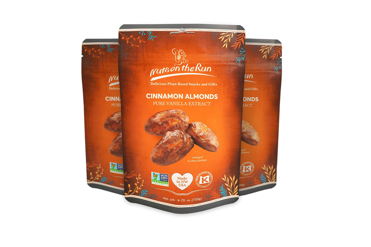 Nuts on the Run Cinnamon Almonds 3-pack bags offer a tasty, all-natural snack.