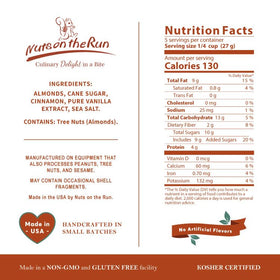 Nuts on the Run Cinnamon Almonds 3-pack ingredient label confirms kosher, vegan, non-GMO quality.