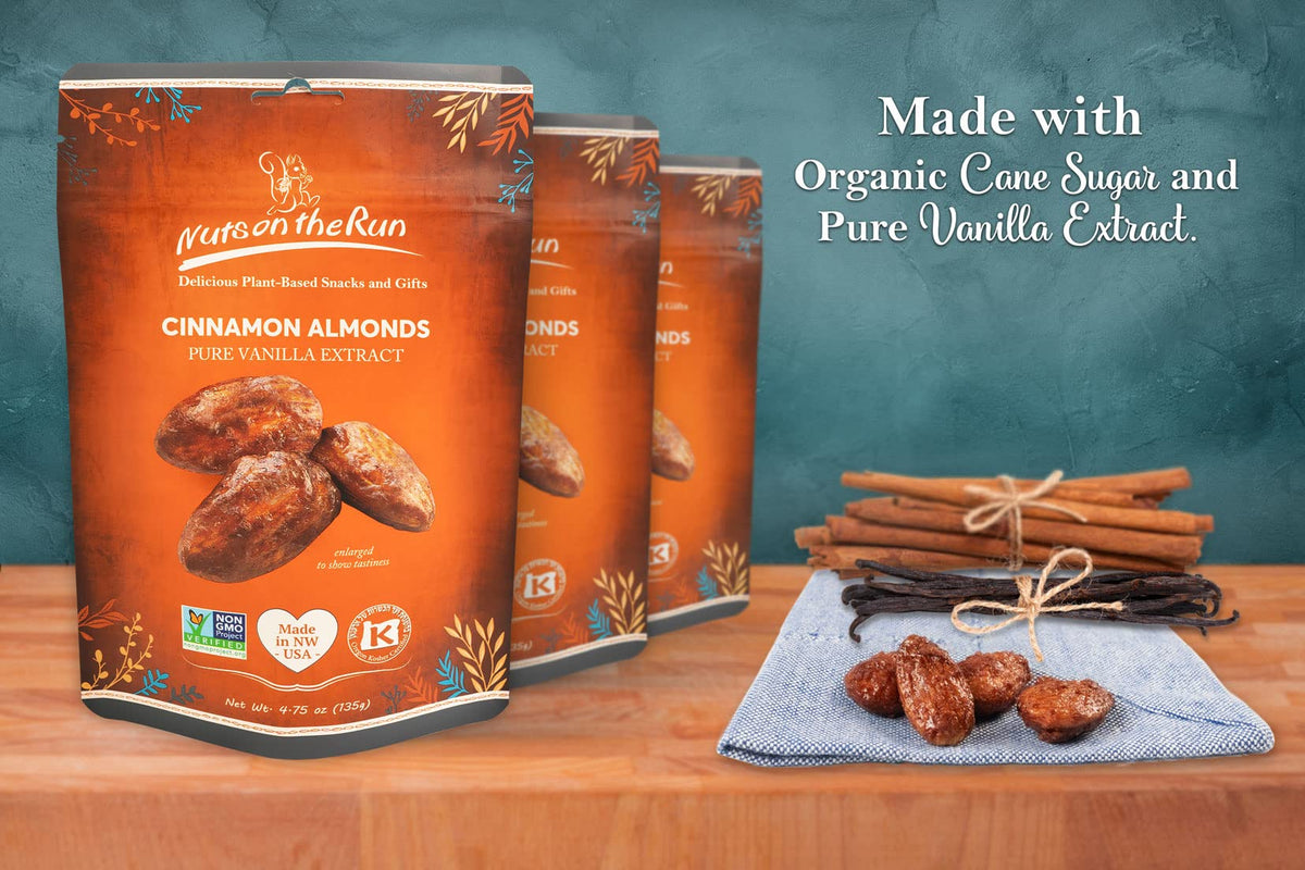 Nuts on the Run Cinnamon Almonds 3-pack roasted close-up highlights warm aroma.