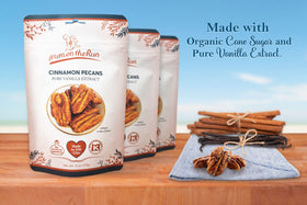 Nuts on the Run Cinnamon Pecans in a kitchen scene highlighting fresh flavor for home snacking.