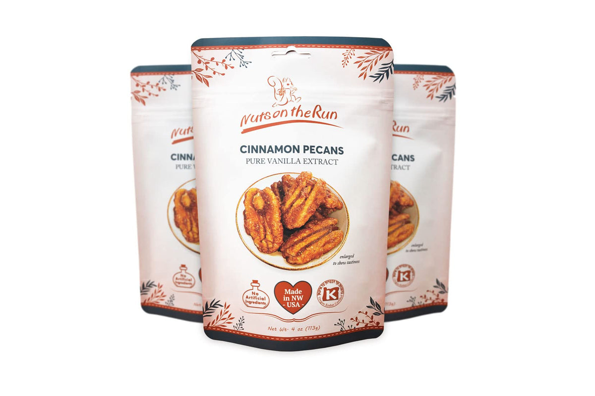 Nuts on the Run Cinnamon Pecans front-pack shot in a resealable pouch for on-the-go snacking.