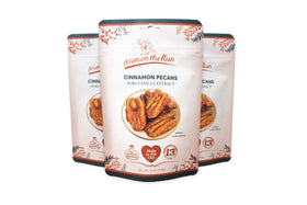 Nuts on the Run Cinnamon Pecans front-pack shot in a resealable pouch for on-the-go snacking.