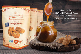 Close-up of Nuts on the Run pralines with caramel glaze, delicious snack.