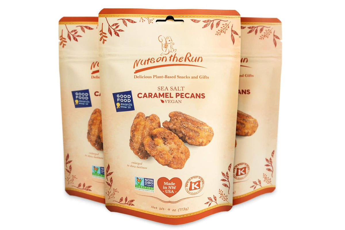Nuts on the Run packaging showcases giftable sea salt caramel pecan pralines.