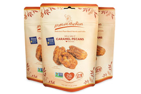 Nuts on the Run packaging showcases giftable sea salt caramel pecan pralines.