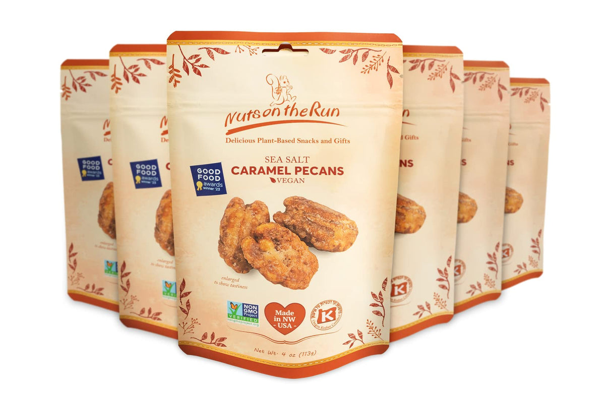 Packaging of Nuts on the Run sea salt caramel pecans highlights premium, ready-to-ship snacking.
