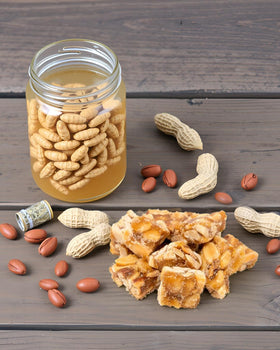 Ingredients closeup of Nuts To You Peanut Squares highlighting natural peanuts
