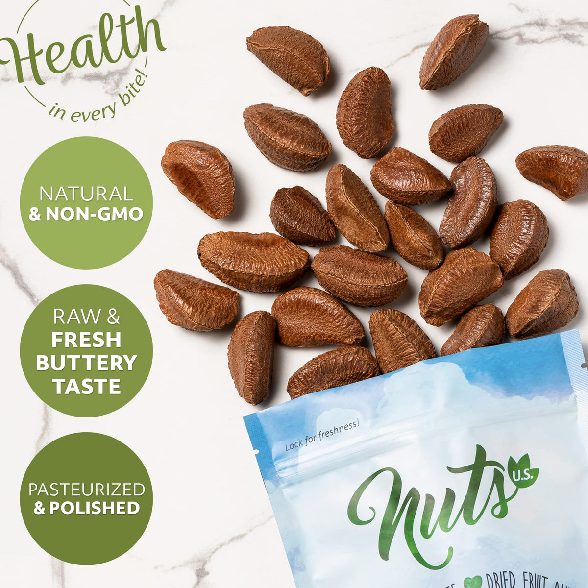 NUTS U.S. Brazil nuts in shell in a resealable bag preserves freshness.