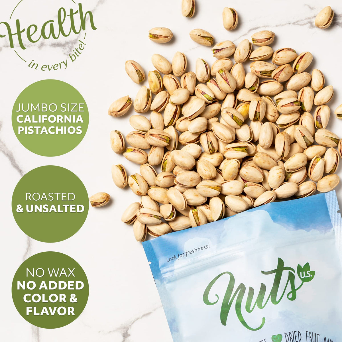 NUTS U.S. California Pistachios packaging labeling NON-GMO and natural quality.