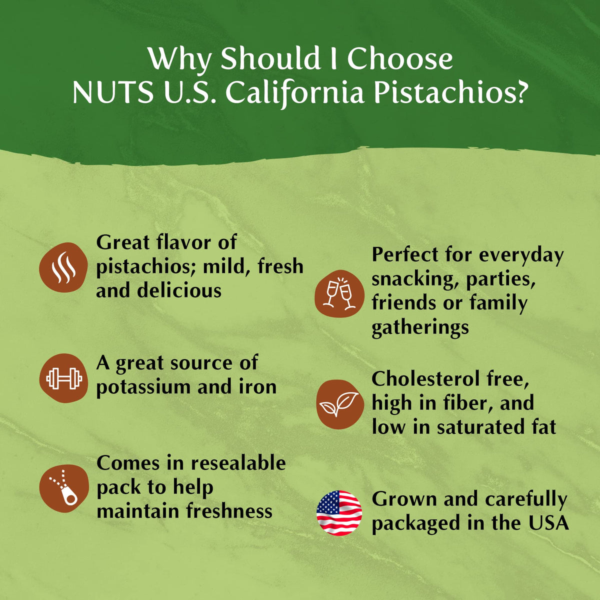 NUTS U.S. California Pistachios exterior packaging emphasizes USA grown production.