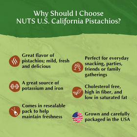 NUTS U.S. California Pistachios exterior packaging emphasizes USA grown production.